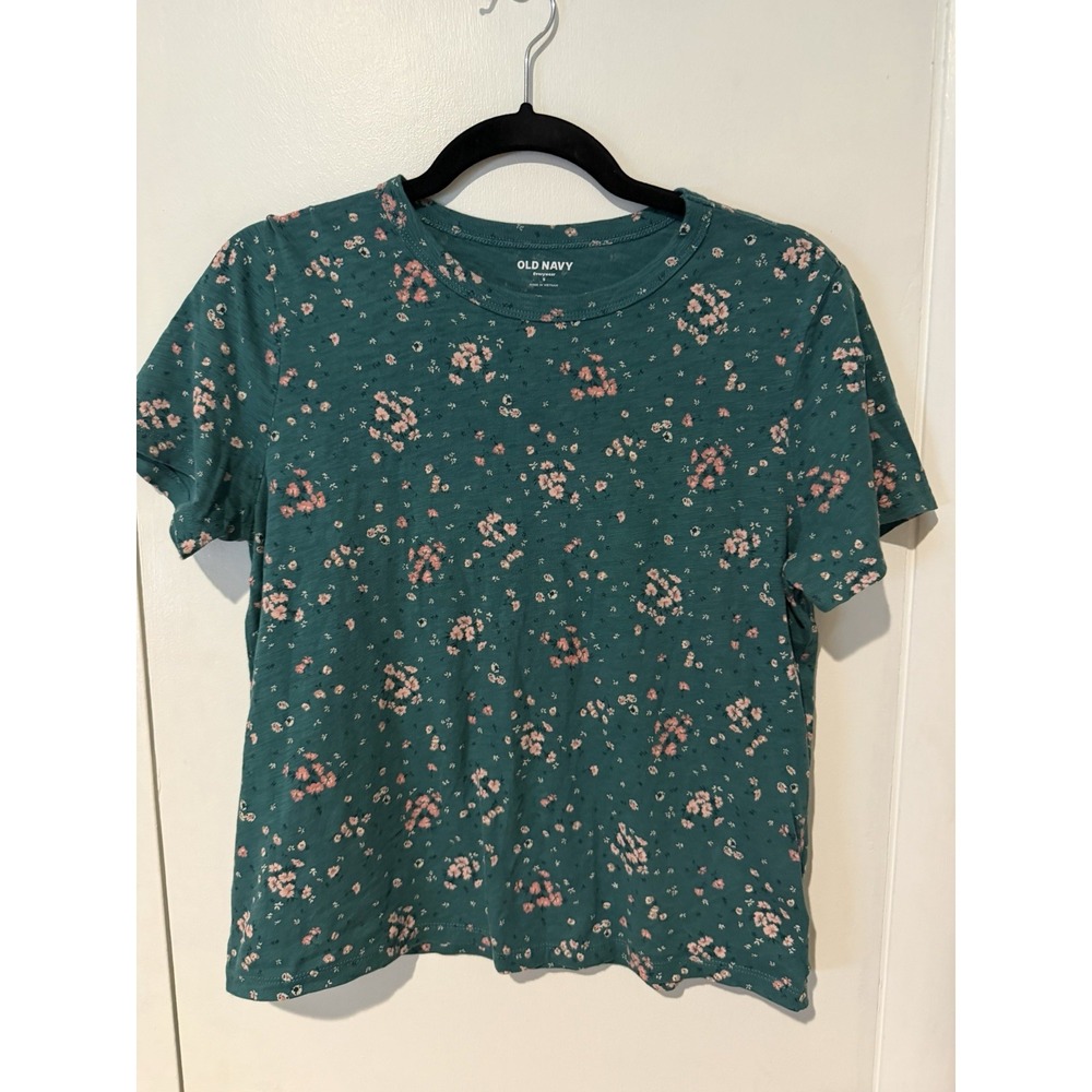 Old Navy Women's Small Floral Crew Neck Short Sleeve Pullover T-Shirt Green Pink